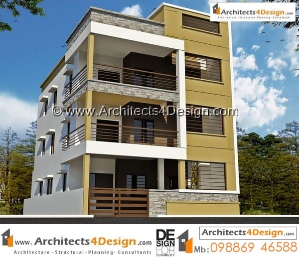 30x40 elevations samples for a residential house having g+2 floors with 1bhk x 5 units with external staircase design.