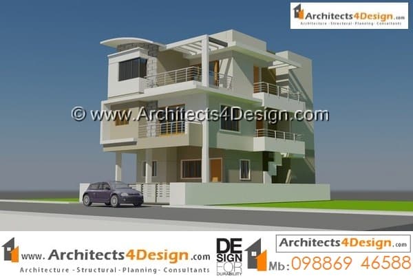 concept 3 for 30x40 house plans in india with g+2 floors having two units with 2 car parking