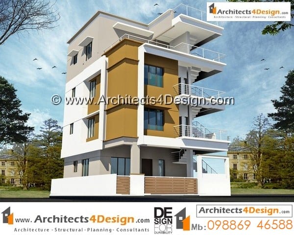 30x40 west facing house plans G+3 floors rental block of 1bhk on ground floor and 2bhk x2 units.