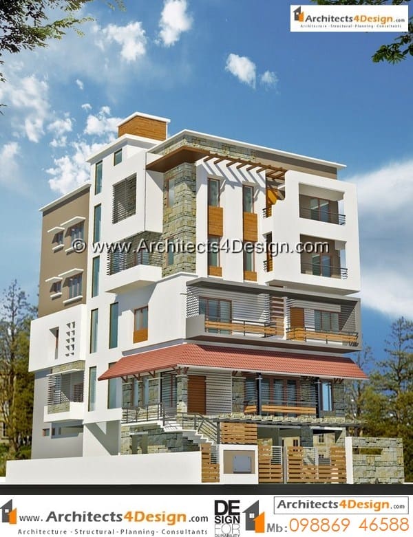 Sample design 50x80 elevations with gound floor parking and upper floors having 2 bhk and 3bhk house plans